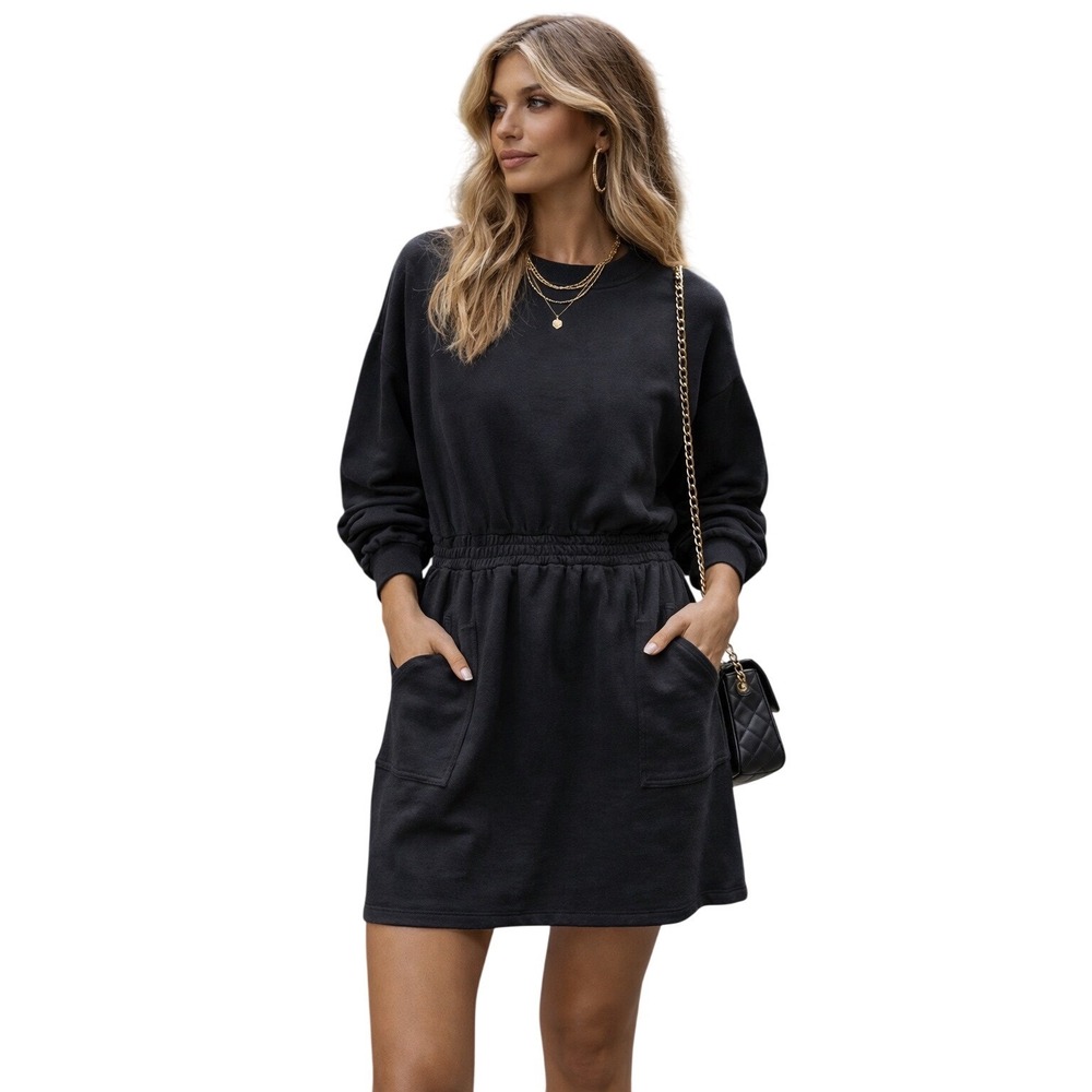 Retro Time & Tru Cinched Waist Sweatshirt Dress Black Pockets Medium Minimalist